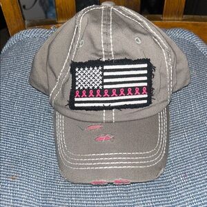 Gray Distressed Cap with Pink Ribbon Flag